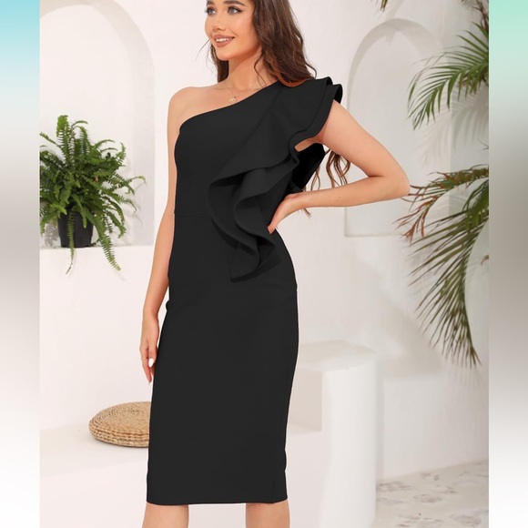 NWT Bodycon Black One Shoulder Ruffle Formal Cocktail Wedding Dress, Size S/M - Picture 3 of 11